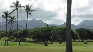 A golf course with trees and mountains in the background.