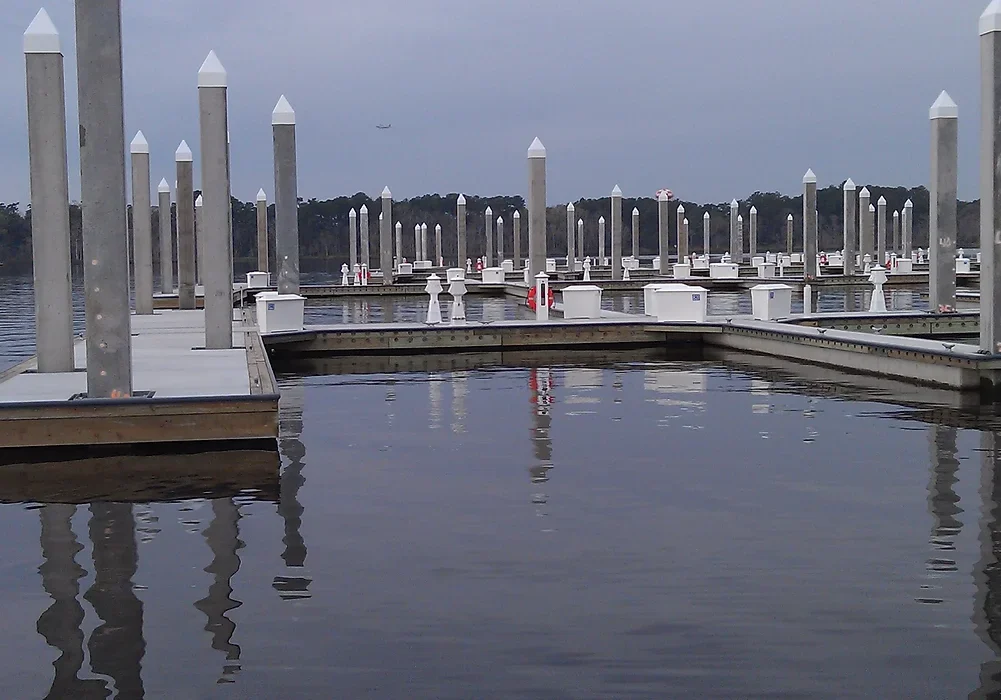 A dock with many poles in the water.